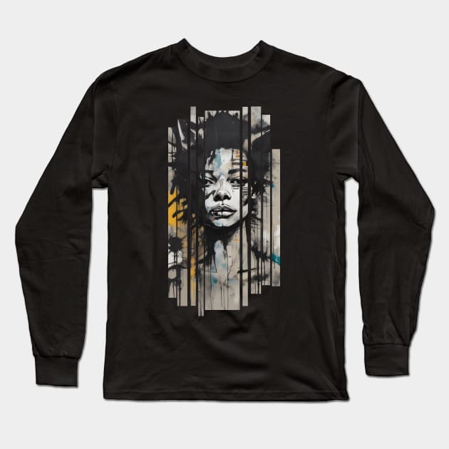 Basquiat style afro girl with cat ears painting Long Sleeve T-Shirt by Ravenglow